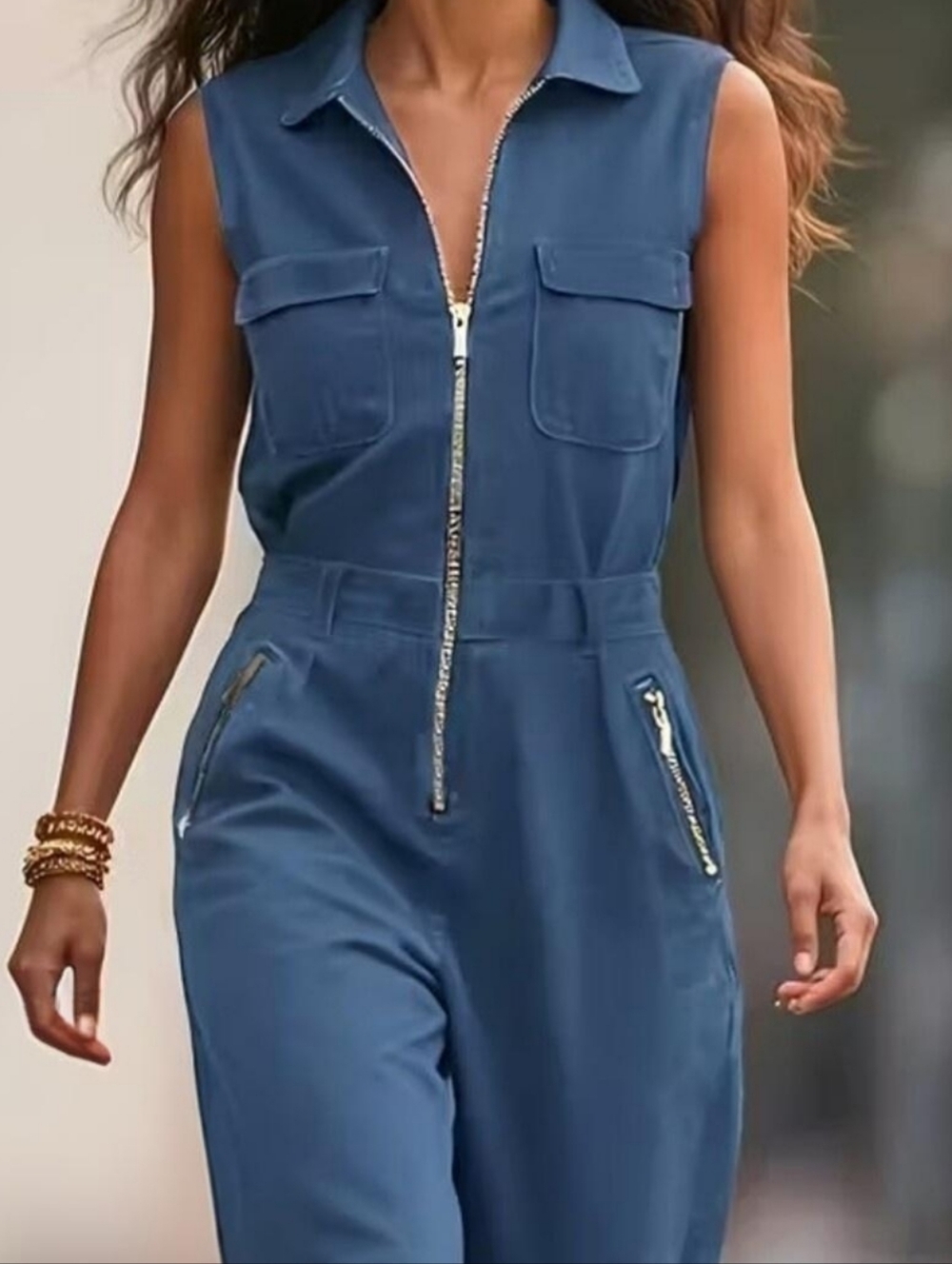 Sleeveless Blue Zip Jumpsuit - Picture 2 of 6
